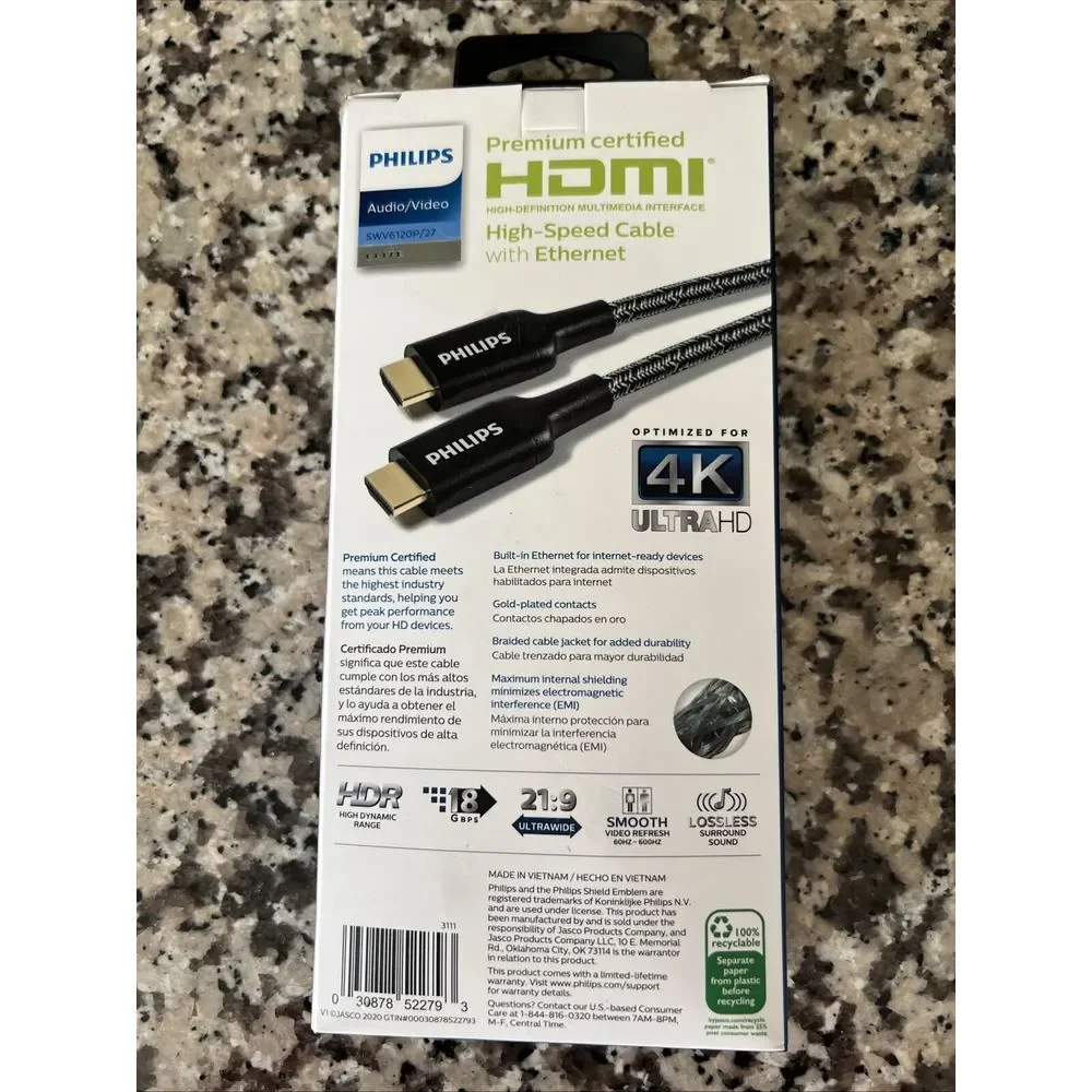 Philips HDMI High-Speed Cable With Ethernet,‎ Audio/Video, 4ft, SWV6120P/27